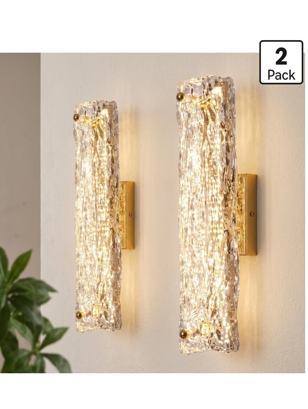 Gold Textured Glass Wall Sconce 2 Pack 15.8" 10W Warm White LED Bathroom Bedroom